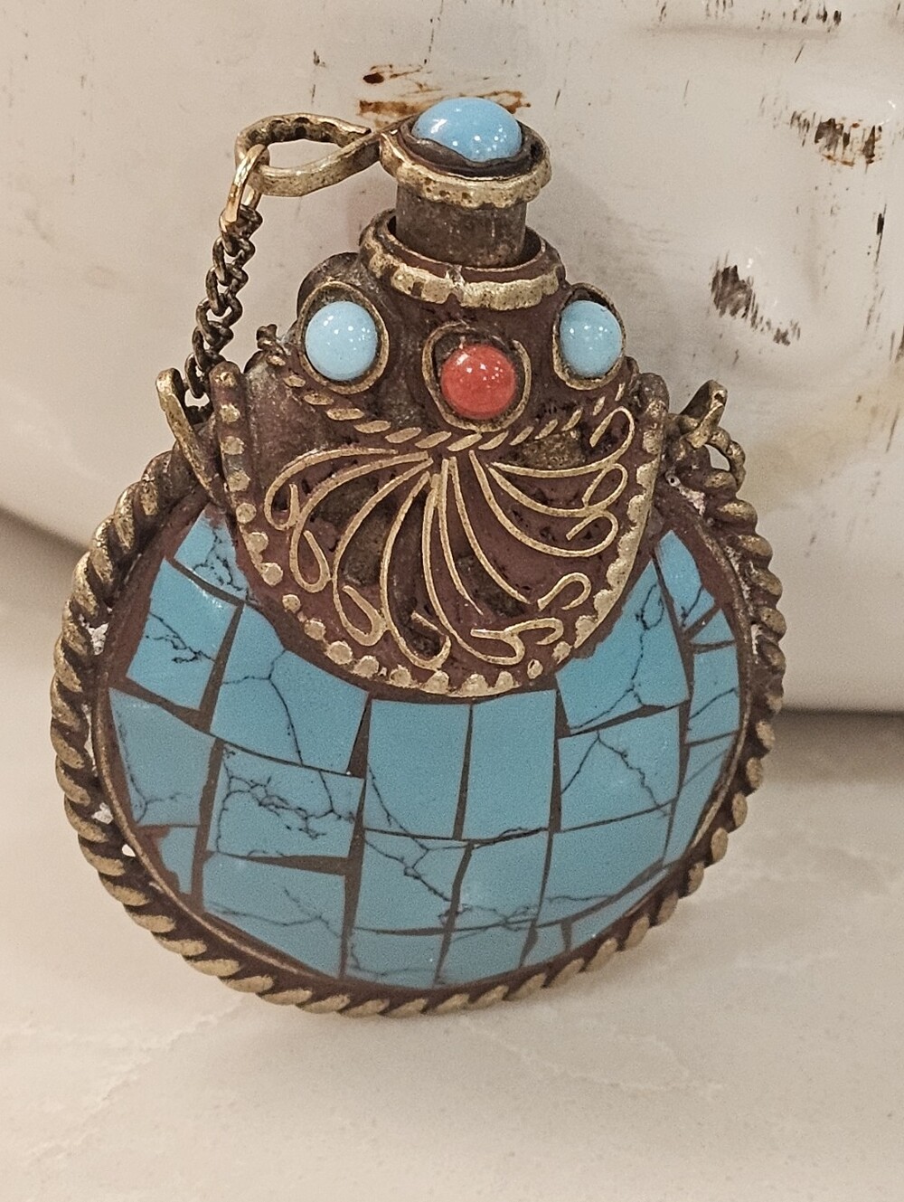 Vintage Tibetan Style Turquoise Mosaic Snuff Bottle Pendant Necklace - Picture 3 of 6